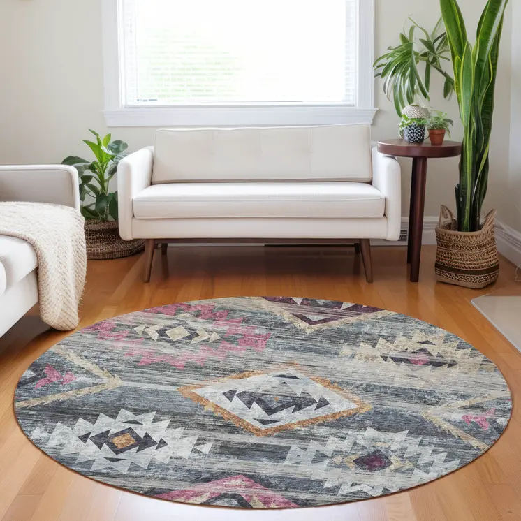 8' Gray Charcoal And Silver Round Southwestern Washable Indoor Outdoor Area Rug