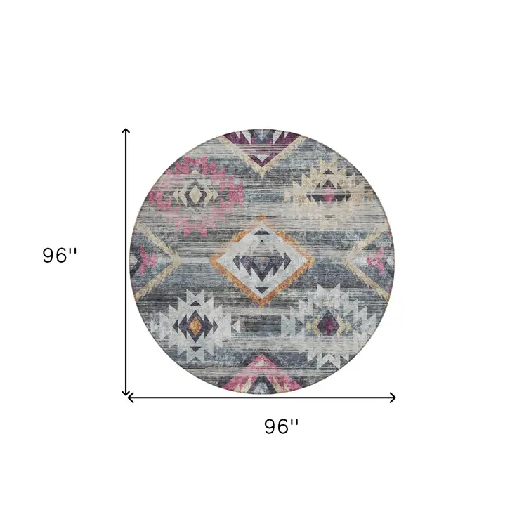 8' Gray Charcoal And Silver Round Southwestern Washable Indoor Outdoor Area Rug