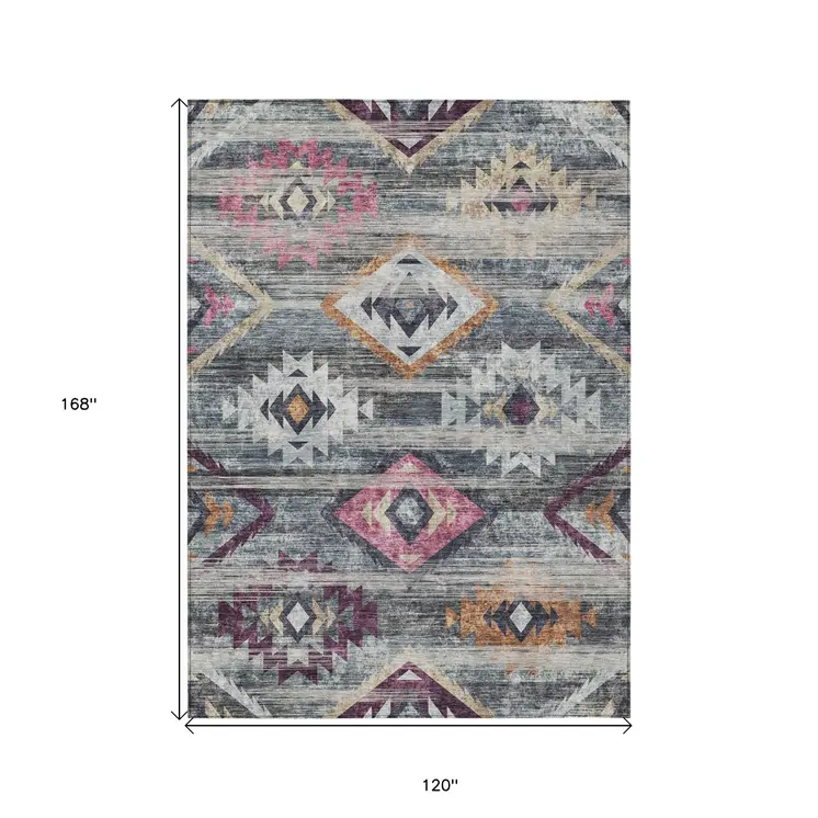 10' X 14' Gray Charcoal And Silver Southwestern Washable Indoor Outdoor Area Rug