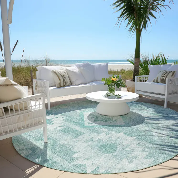 8' Aqua Turquoise And Ivory Round Southwestern Washable Indoor Outdoor Area Rug