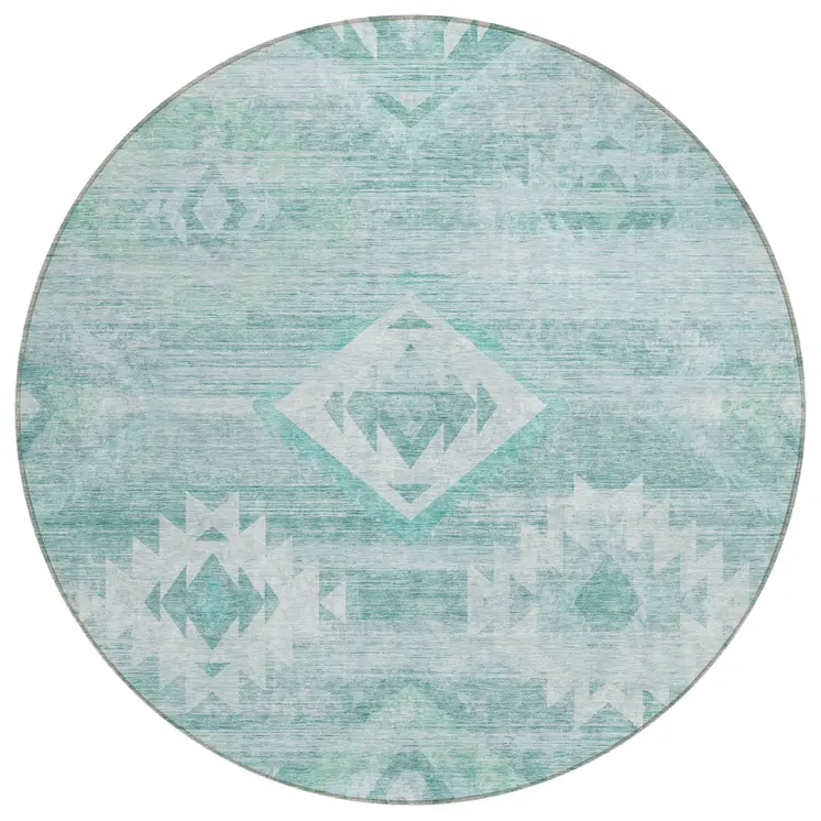 8' Aqua Turquoise And Ivory Round Southwestern Washable Indoor Outdoor Area Rug