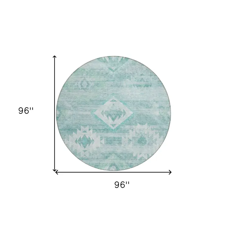 8' Aqua Turquoise And Ivory Round Southwestern Washable Indoor Outdoor Area Rug
