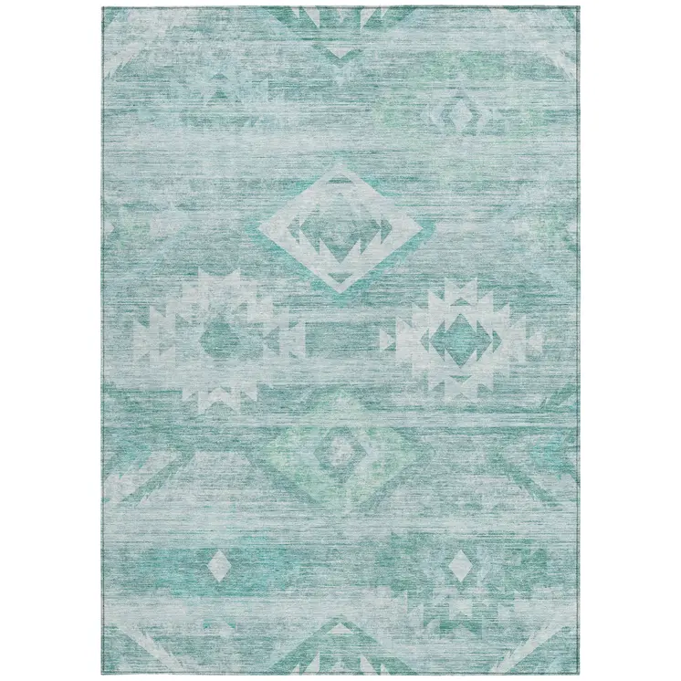 8' X 10' Aqua Turquoise And Ivory Southwestern Washable Indoor Outdoor Area Rug