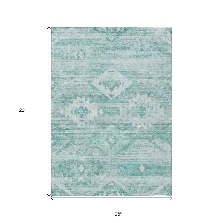 8' X 10' Aqua Turquoise And Ivory Southwestern Washable Indoor Outdoor Area Rug
