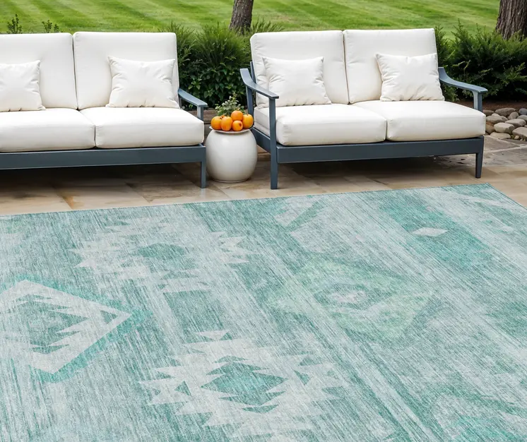 8' X 10' Aqua Turquoise And Ivory Southwestern Washable Indoor Outdoor Area Rug
