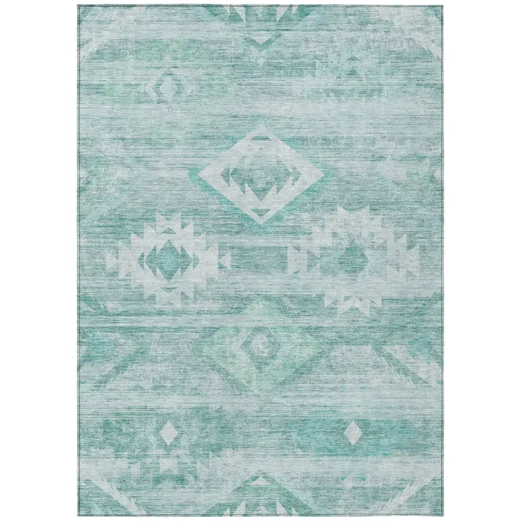 8' X 10' Aqua Turquoise And Ivory Southwestern Washable Indoor Outdoor Area Rug