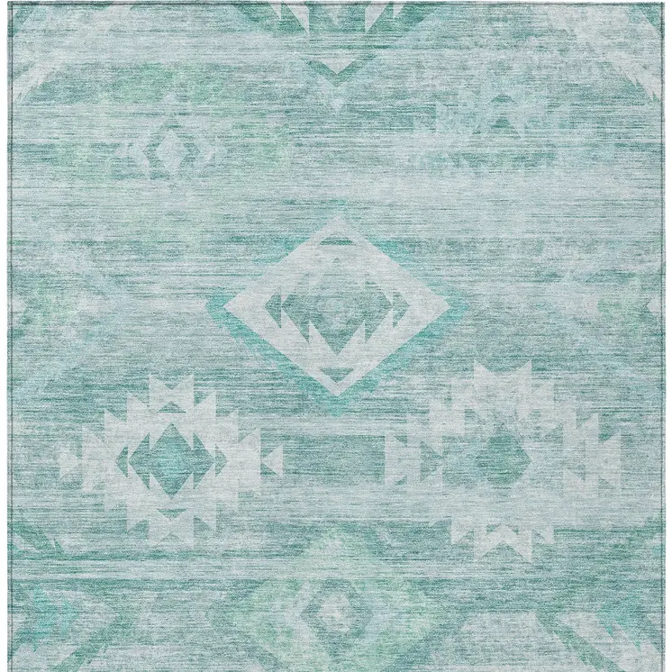 8' X 10' Aqua Turquoise And Ivory Southwestern Washable Indoor Outdoor Area Rug