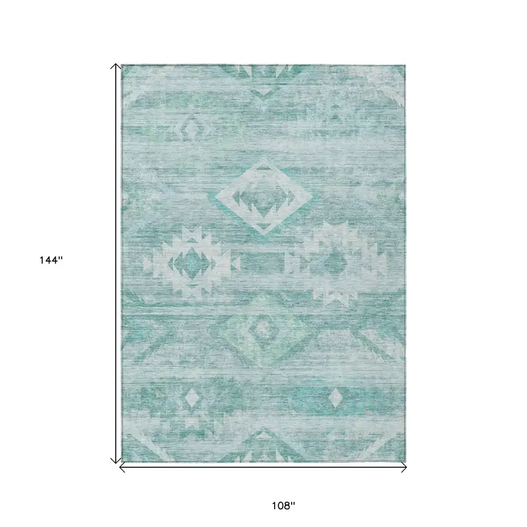 9' X 12' Aqua Turquoise And Ivory Southwestern Washable Indoor Outdoor Area Rug