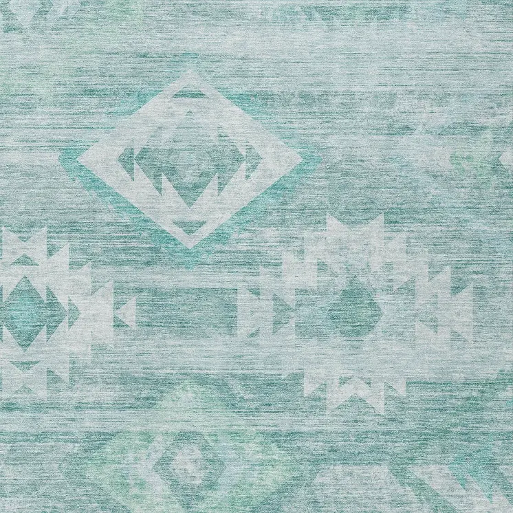 9' X 12' Aqua Turquoise And Ivory Southwestern Washable Indoor Outdoor Area Rug