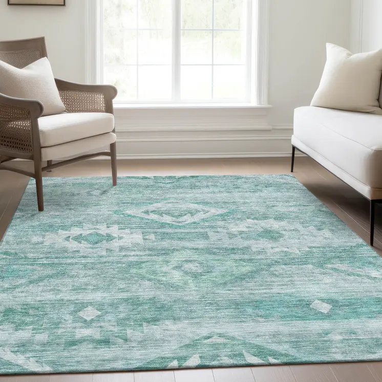 9' X 12' Aqua Turquoise And Ivory Southwestern Washable Indoor Outdoor Area Rug