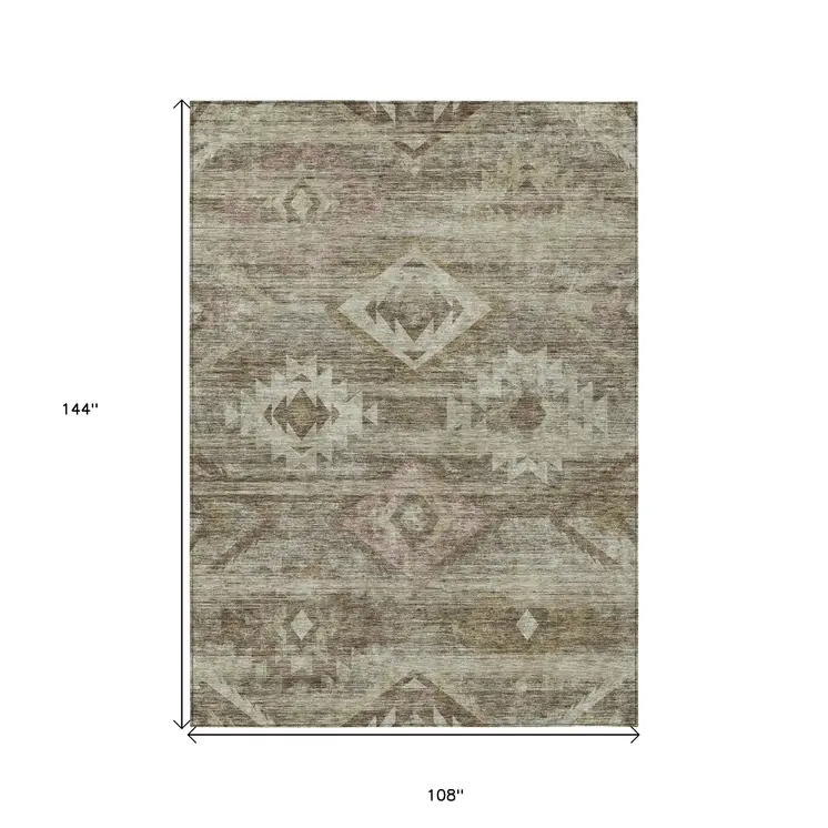 9' X 12' Brown Beige And Tan Southwestern Washable Indoor Outdoor Area Rug
