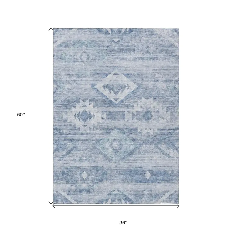 3' X 5' Denim Blue And Sky Blue Southwestern Washable Indoor Outdoor Area Rug