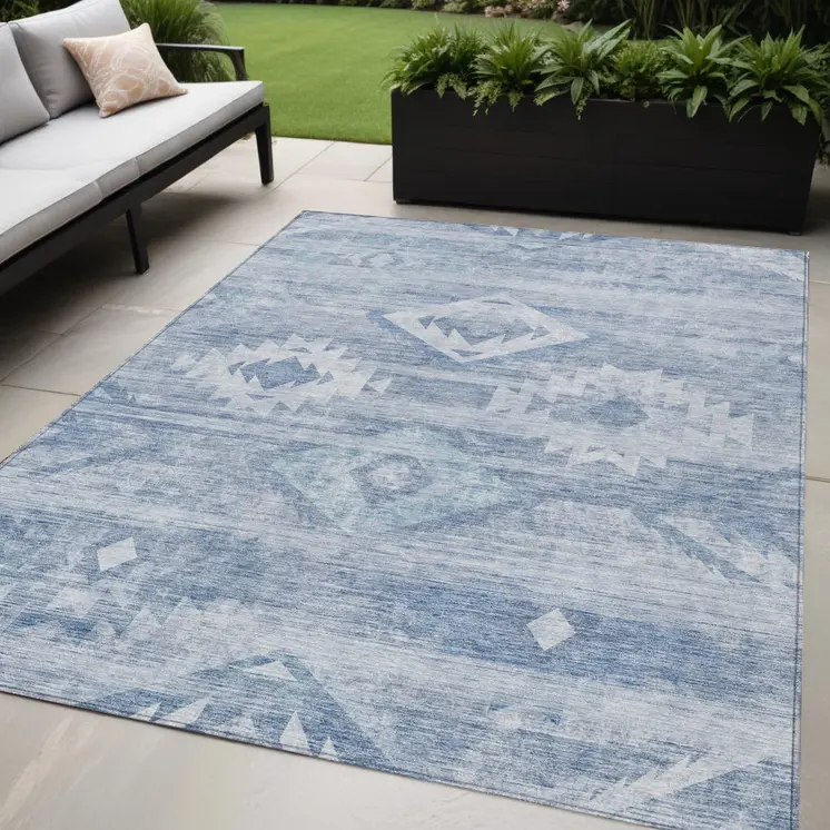 5' X 8' Denim Blue And Sky Blue Southwestern Washable Indoor Outdoor Area Rug