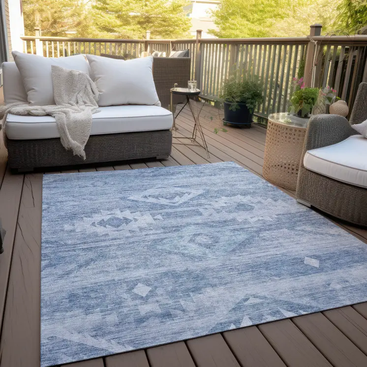 5' X 8' Denim Blue And Sky Blue Southwestern Washable Indoor Outdoor Area Rug