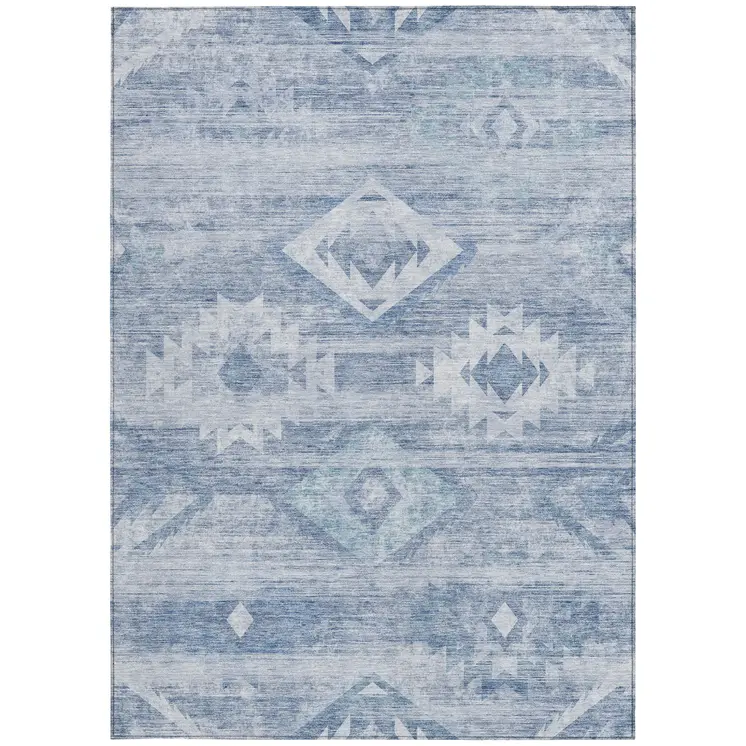 5' X 8' Denim Blue And Sky Blue Southwestern Washable Indoor Outdoor Area Rug