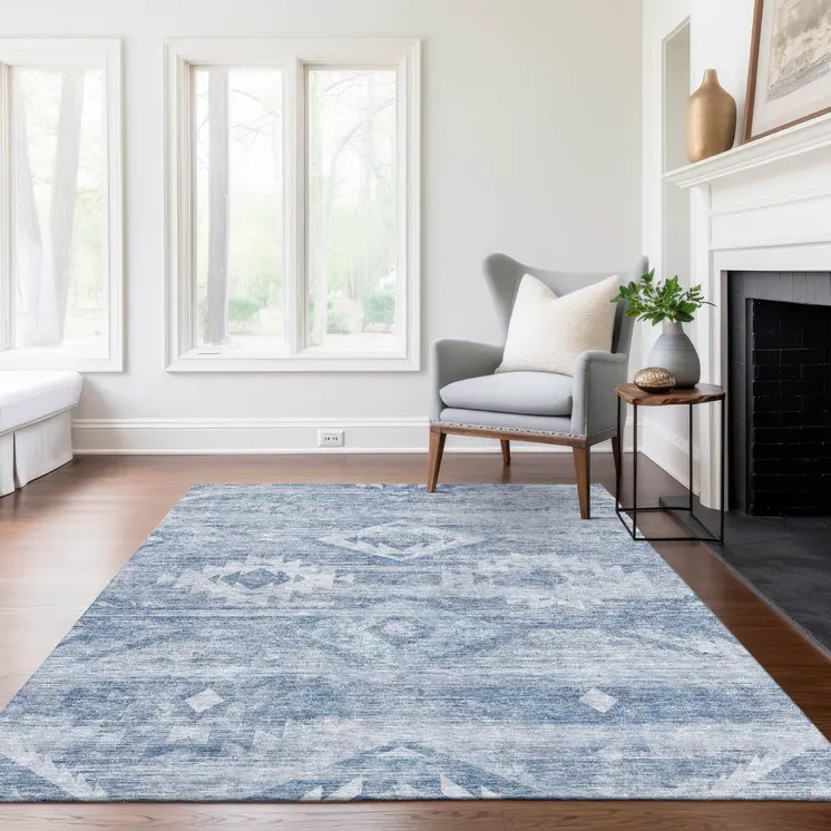 5' X 8' Denim Blue And Sky Blue Southwestern Washable Indoor Outdoor Area Rug