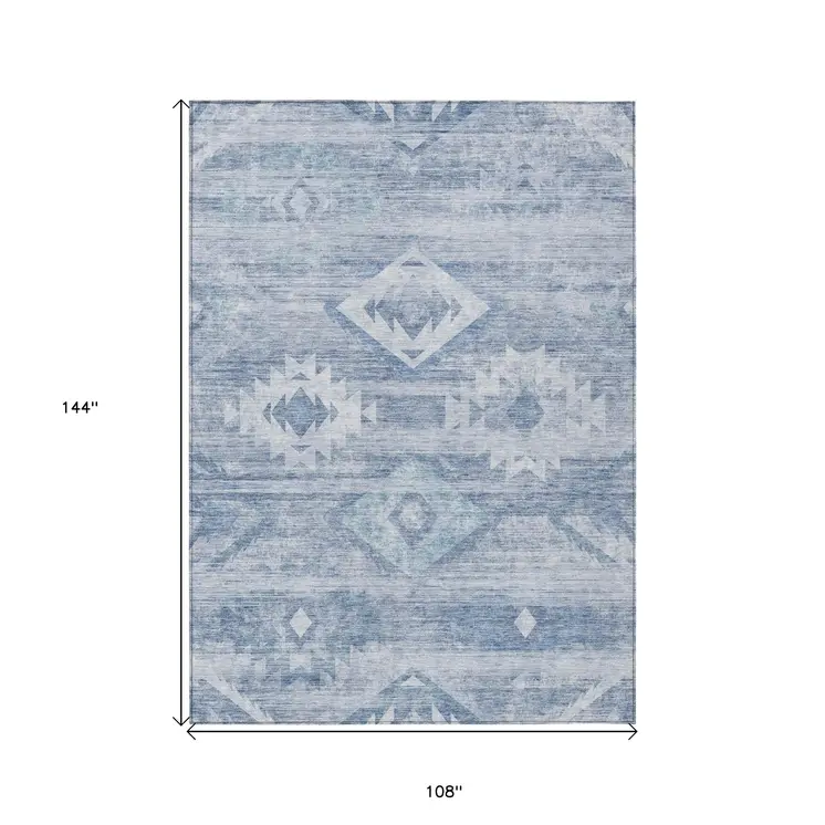 9' X 12' Denim Blue And Sky Blue Southwestern Washable Indoor Outdoor Area Rug