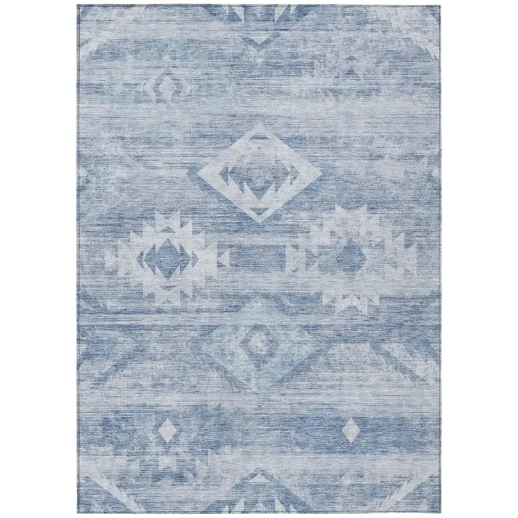 9' X 12' Denim Blue And Sky Blue Southwestern Washable Indoor Outdoor Area Rug