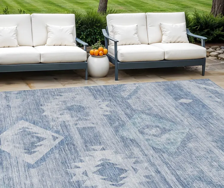 10' X 14' Denim Blue And Sky Blue Southwestern Washable Indoor Outdoor Area Rug
