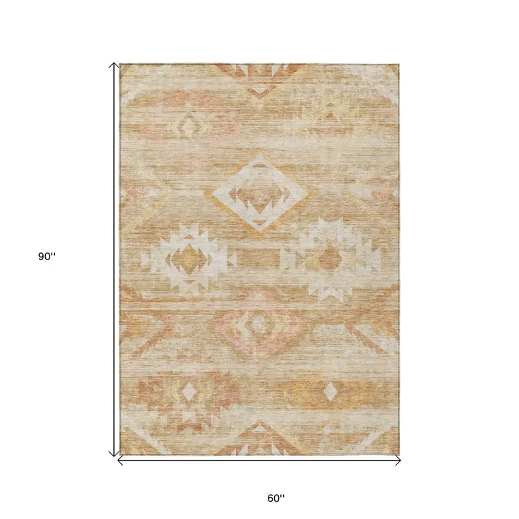 5' X 8' Copper Terra Cotta And Ivory Southwestern Washable Indoor Outdoor Area Rug