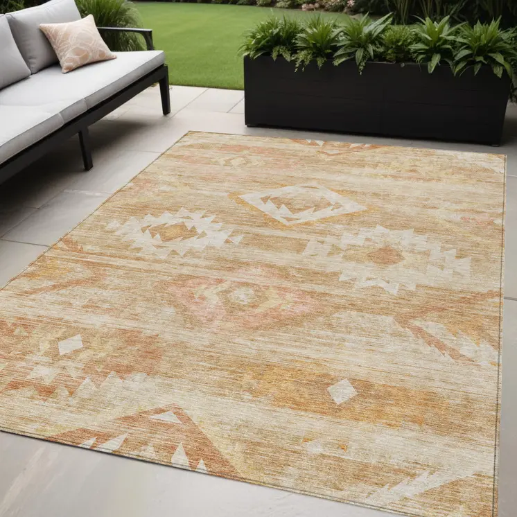 5' X 8' Copper Terra Cotta And Ivory Southwestern Washable Indoor Outdoor Area Rug