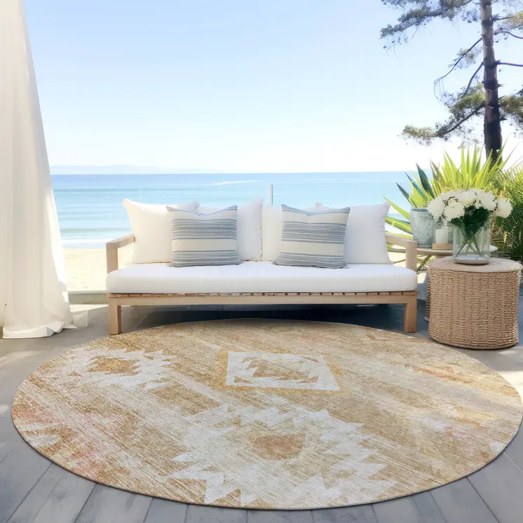 8' Copper Terra Cotta And Ivory Round Southwestern Washable Indoor Outdoor Area Rug