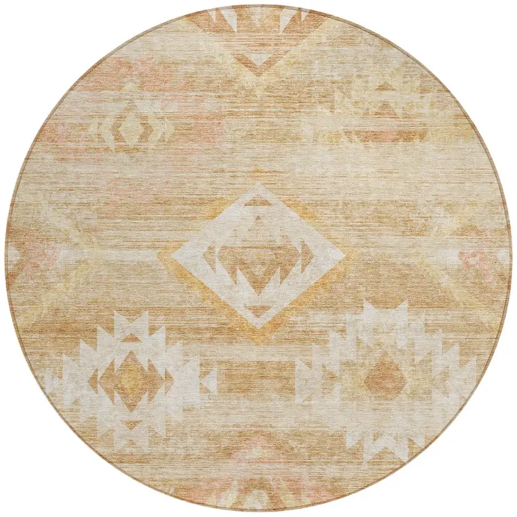 8' Copper Terra Cotta And Ivory Round Southwestern Washable Indoor Outdoor Area Rug