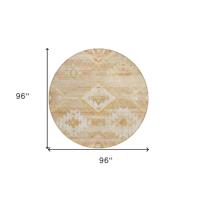 8' Copper Terra Cotta And Ivory Round Southwestern Washable Indoor Outdoor Area Rug