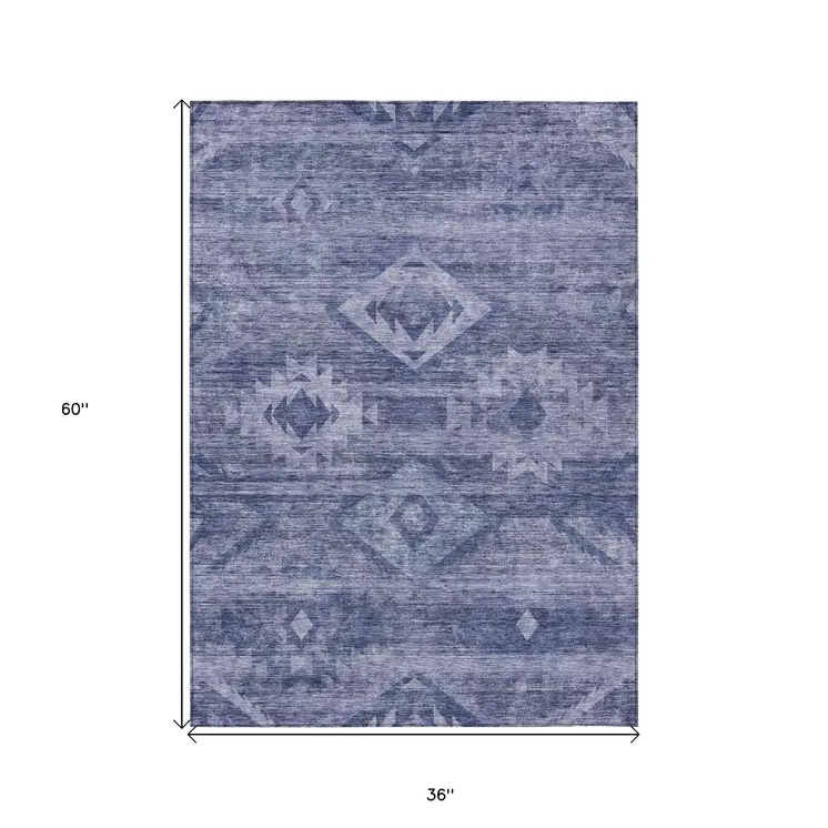 3' X 5' Navy Blue And Denim Blue Southwestern Washable Indoor Outdoor Area Rug
