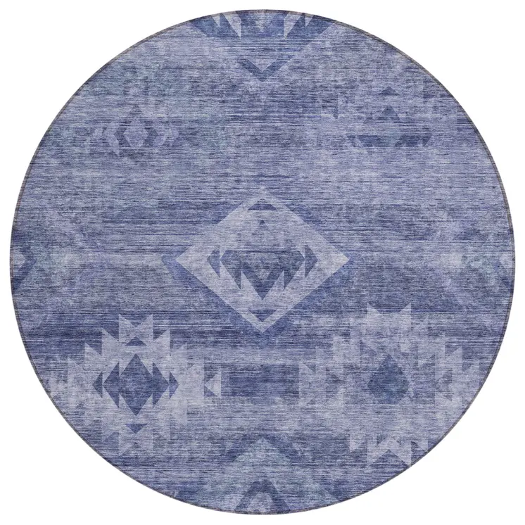8' Navy Blue And Denim Blue Round Southwestern Washable Indoor Outdoor Area Rug