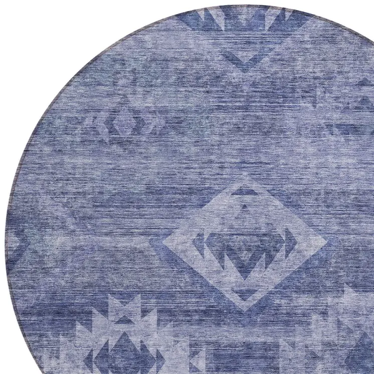 8' Navy Blue And Denim Blue Round Southwestern Washable Indoor Outdoor Area Rug