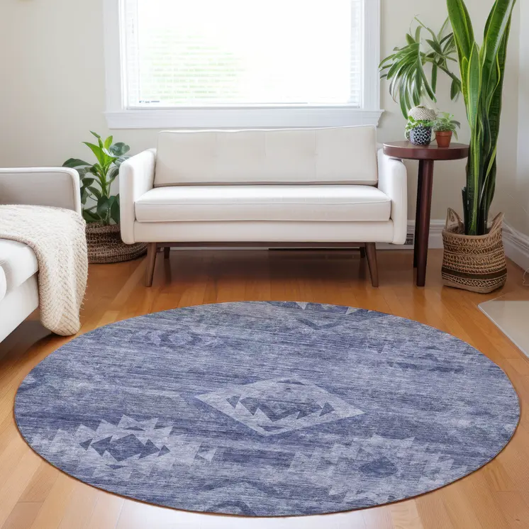 8' Navy Blue And Denim Blue Round Southwestern Washable Indoor Outdoor Area Rug