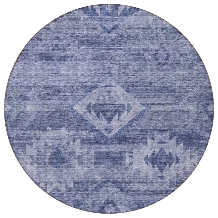 8' Navy Blue And Denim Blue Round Southwestern Washable Indoor Outdoor Area Rug