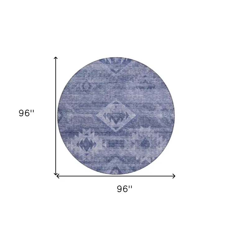 8' Navy Blue And Denim Blue Round Southwestern Washable Indoor Outdoor Area Rug
