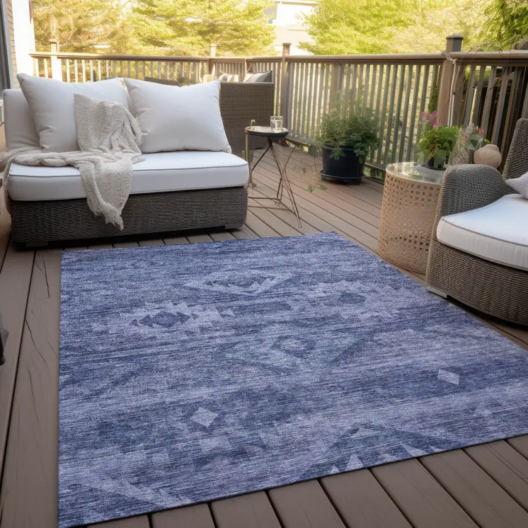 10' X 14' Navy Blue And Denim Blue Southwestern Washable Indoor Outdoor Area Rug