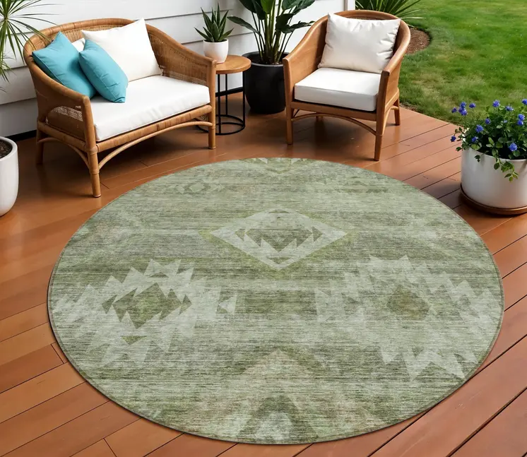 8' Olive Green And Fern Green Round Southwestern Washable Indoor Outdoor Area Rug