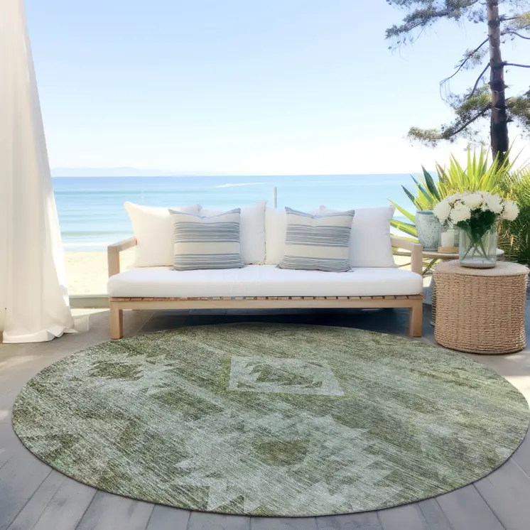 8' Olive Green And Fern Green Round Southwestern Washable Indoor Outdoor Area Rug