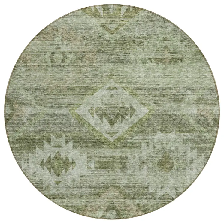 8' Olive Green And Fern Green Round Southwestern Washable Indoor Outdoor Area Rug