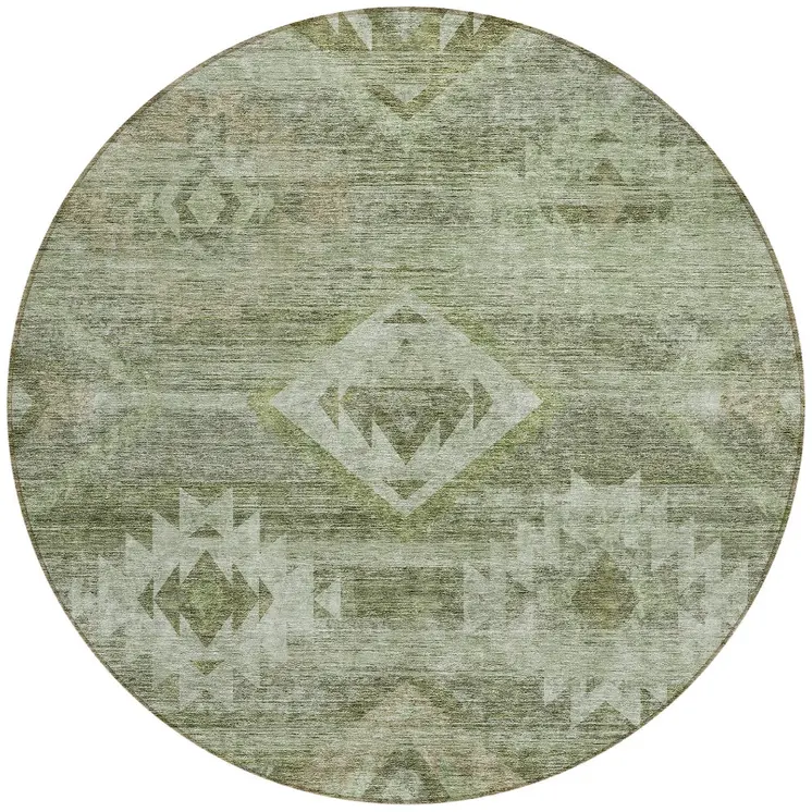 8' Olive Green And Fern Green Round Southwestern Washable Indoor Outdoor Area Rug