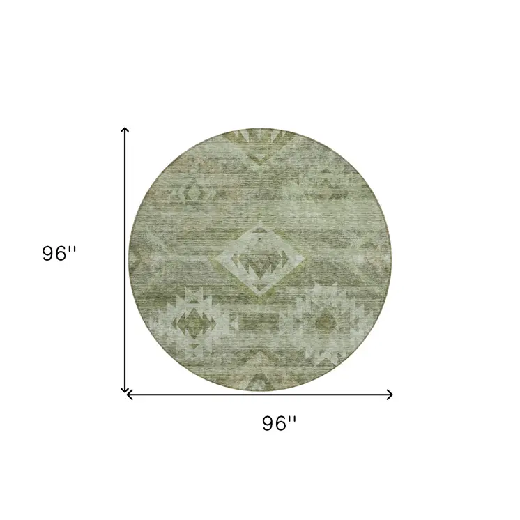 8' Olive Green And Fern Green Round Southwestern Washable Indoor Outdoor Area Rug