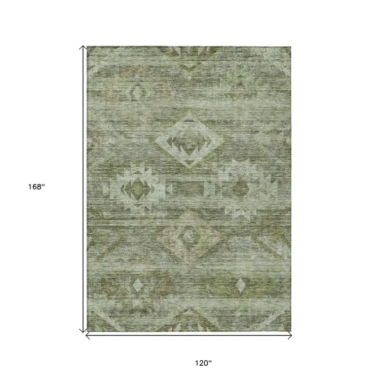 10' X 14' Olive Green And Fern Green Southwestern Washable Indoor Outdoor Area Rug