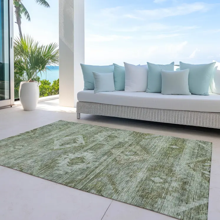 10' X 14' Olive Green And Fern Green Southwestern Washable Indoor Outdoor Area Rug
