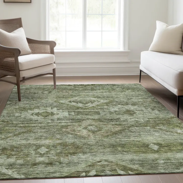 10' X 14' Olive Green And Fern Green Southwestern Washable Indoor Outdoor Area Rug