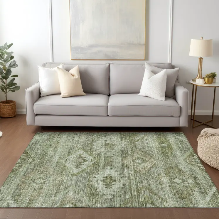 10' X 14' Olive Green And Fern Green Southwestern Washable Indoor Outdoor Area Rug