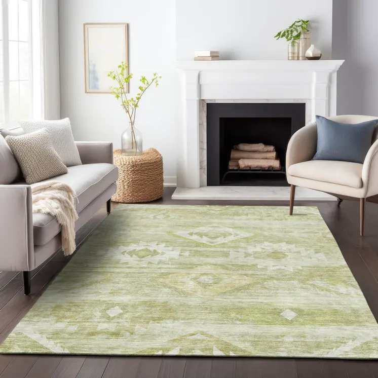 3' X 5' Sage Artichoke Green And Mint Green Southwestern Washable Indoor Outdoor Area Rug