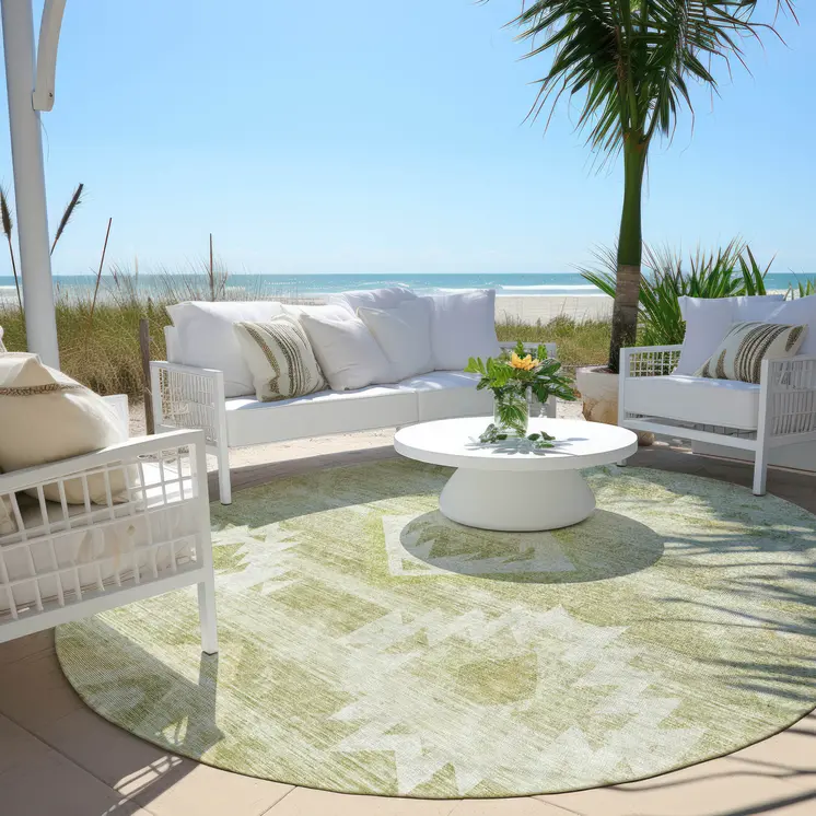 8' Sage Artichoke Green And Mint Green Round Southwestern Washable Indoor Outdoor Area Rug