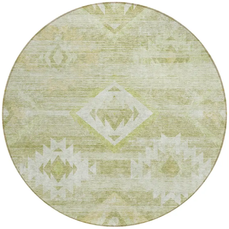 8' Sage Artichoke Green And Mint Green Round Southwestern Washable Indoor Outdoor Area Rug