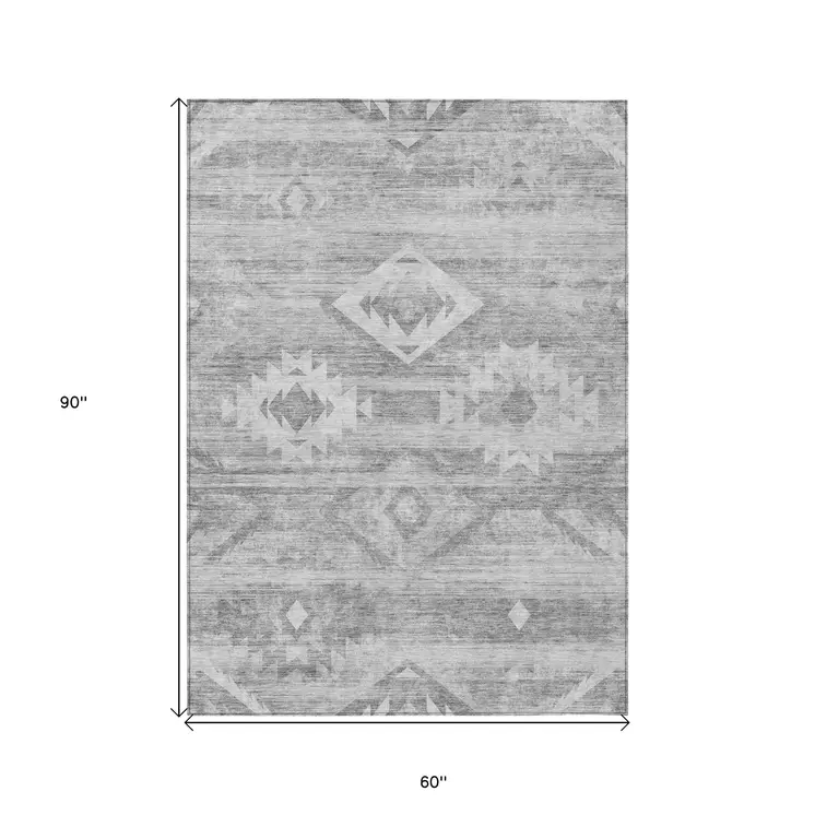 5' X 8' Silver Gray And Charcoal Southwestern Washable Indoor Outdoor Area Rug