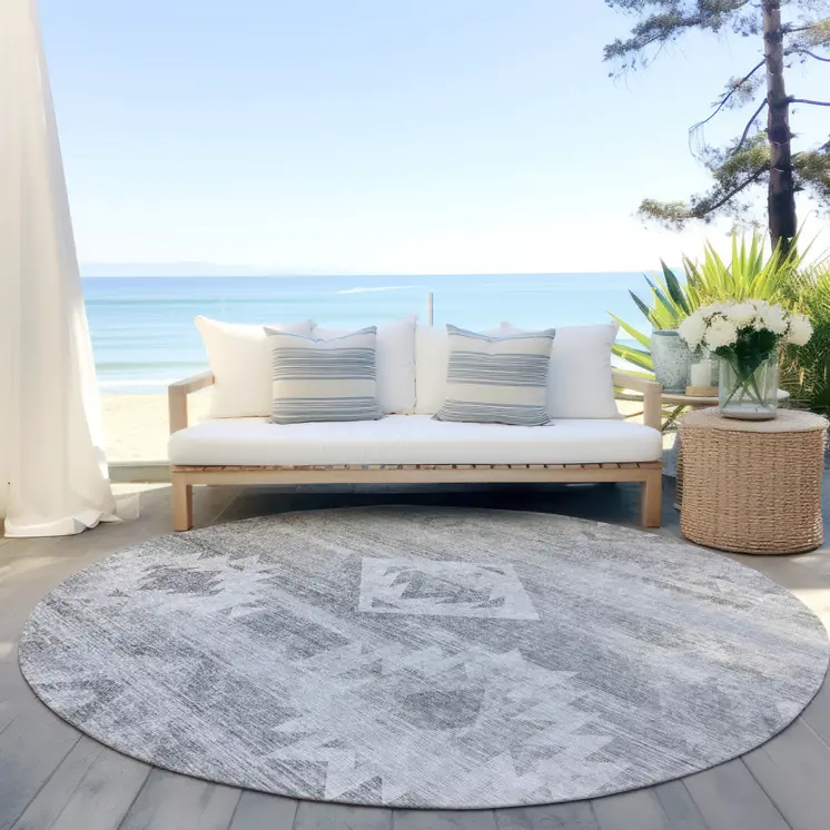 8' Silver Gray And Charcoal Round Southwestern Washable Indoor Outdoor Area Rug