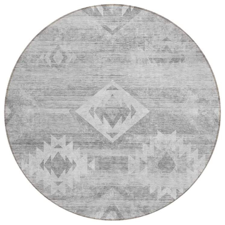8' Silver Gray And Charcoal Round Southwestern Washable Indoor Outdoor Area Rug
